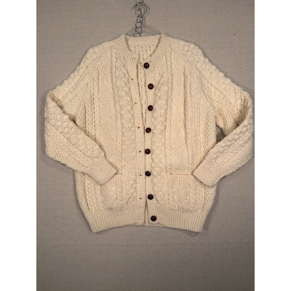 Handmade Cream Wool Cable Knit Cardigan Sweater Chunky Aran Honeycomb Cream